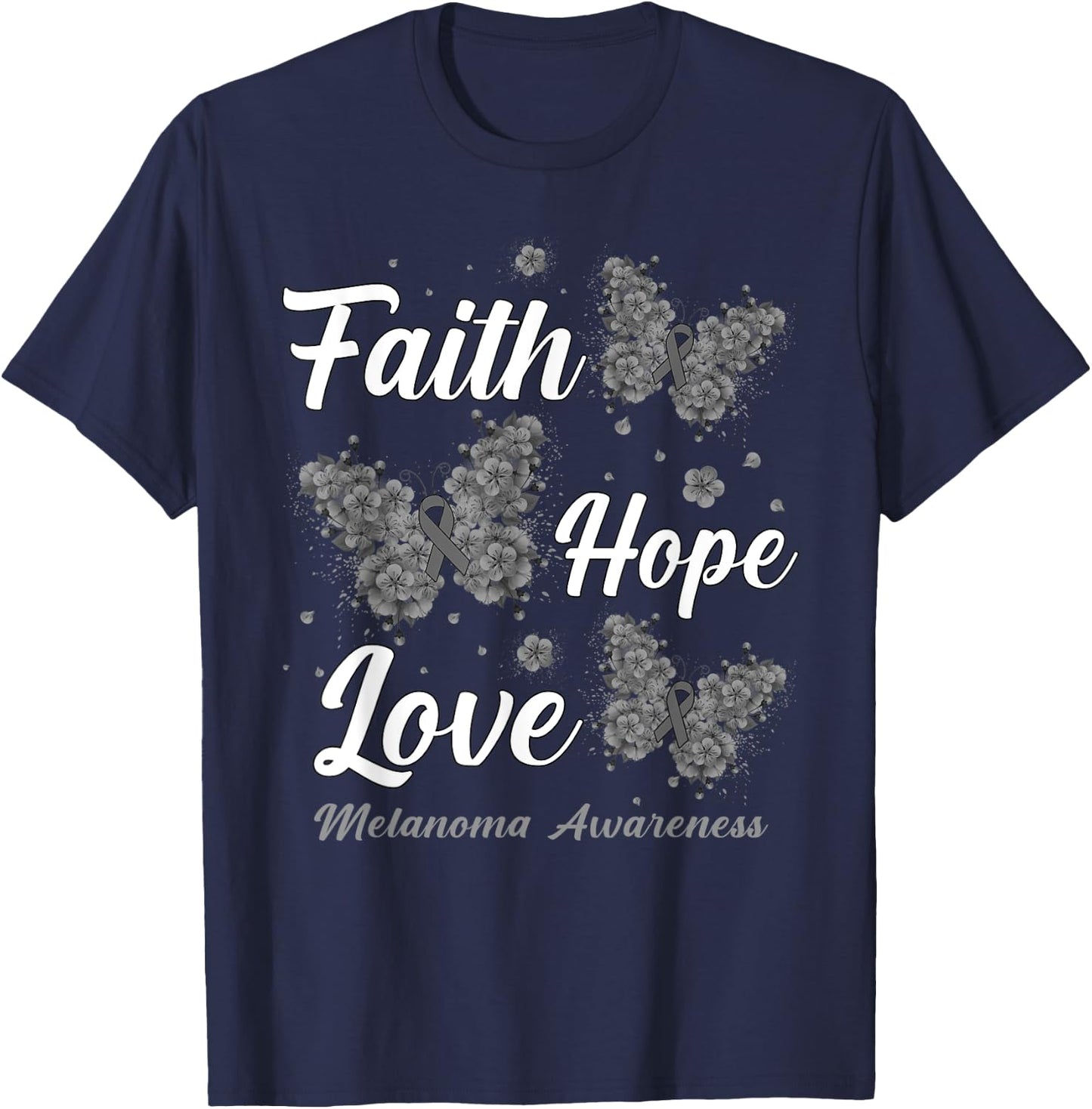 Faith Hope Love Melanoma Awareness Butterfly T-Shirt - T-Shirt | Navy