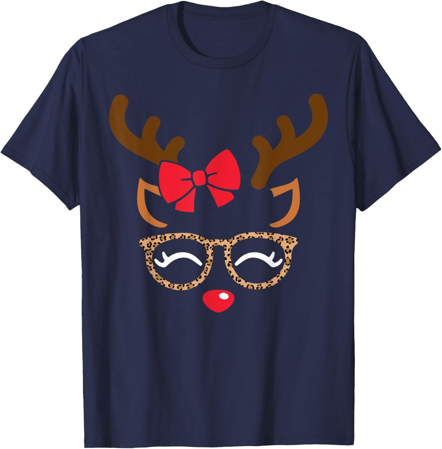 Reindeer Face Bow Leopard Glasses Christmas Girls Pajama T-Shirt - T-Shirt | Navy