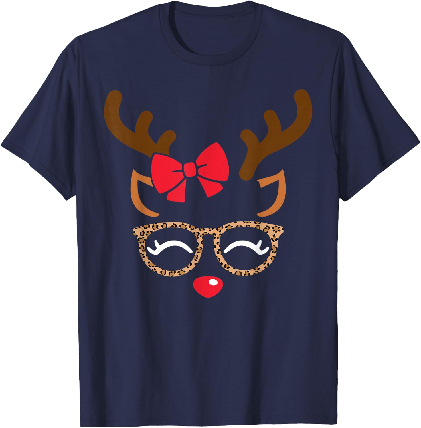 Reindeer Face Bow Leopard Glasses Christmas Girls Pajama T-Shirt - T-Shirt | Navy