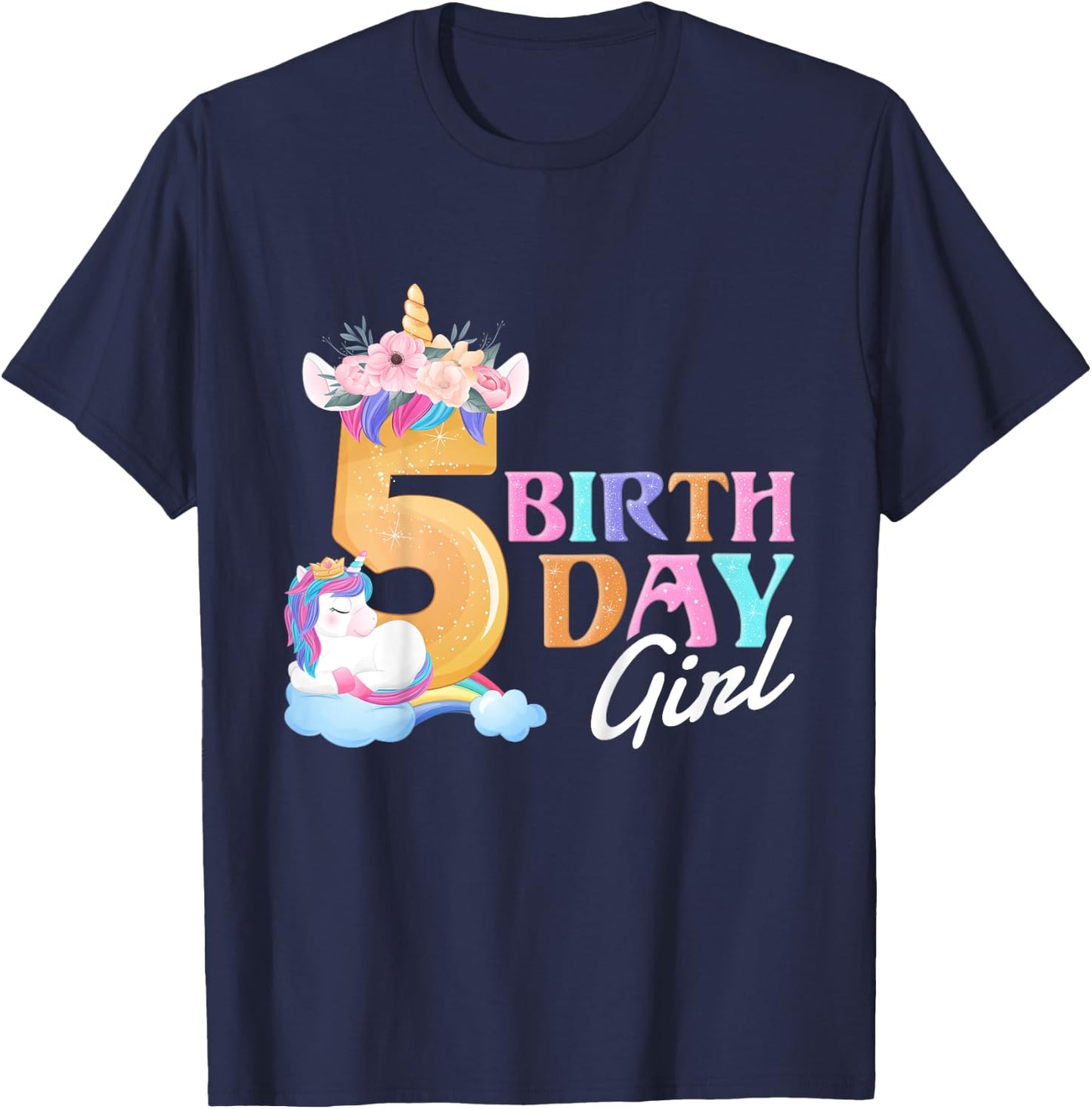 5 Year Old Birthday Girl, 5th Birthday Unicorn T-Shirt - T-Shirt | Navy