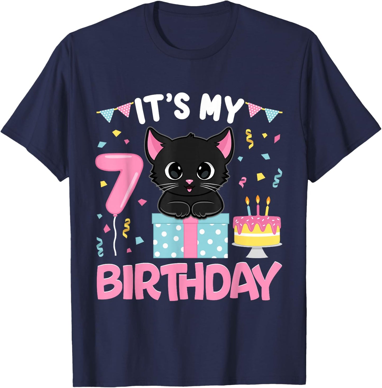 Its My 7th Birthday Girl Cat Birthday 7 Year Old BDay Party T-Shirt - T-Shirt | Navy