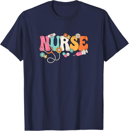 Cute Groovy Nurse Flower Nursing Women T-Shirt - T-Shirt | Navy