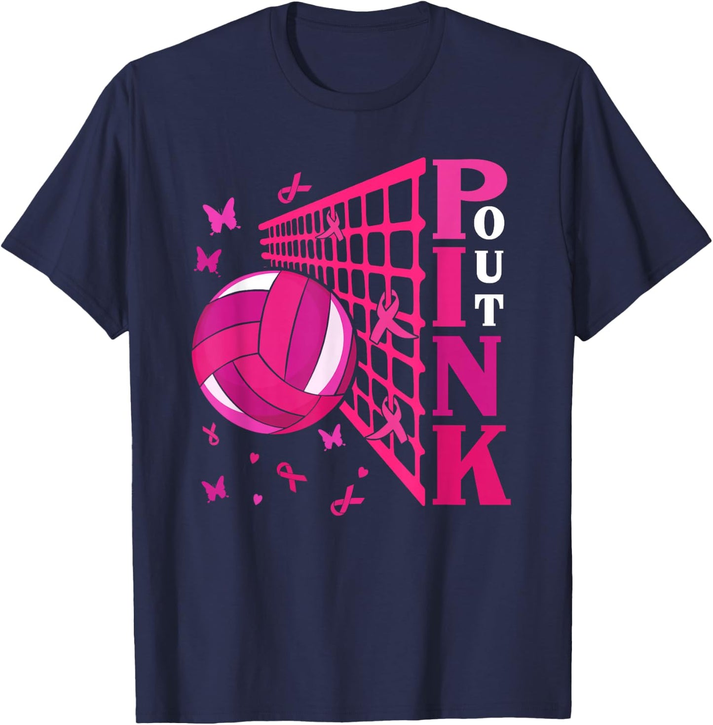 Cute Pink Out Volleyball Breast Cancer Awareness Pink Ribbon T-Shirt - T-Shirt | Navy