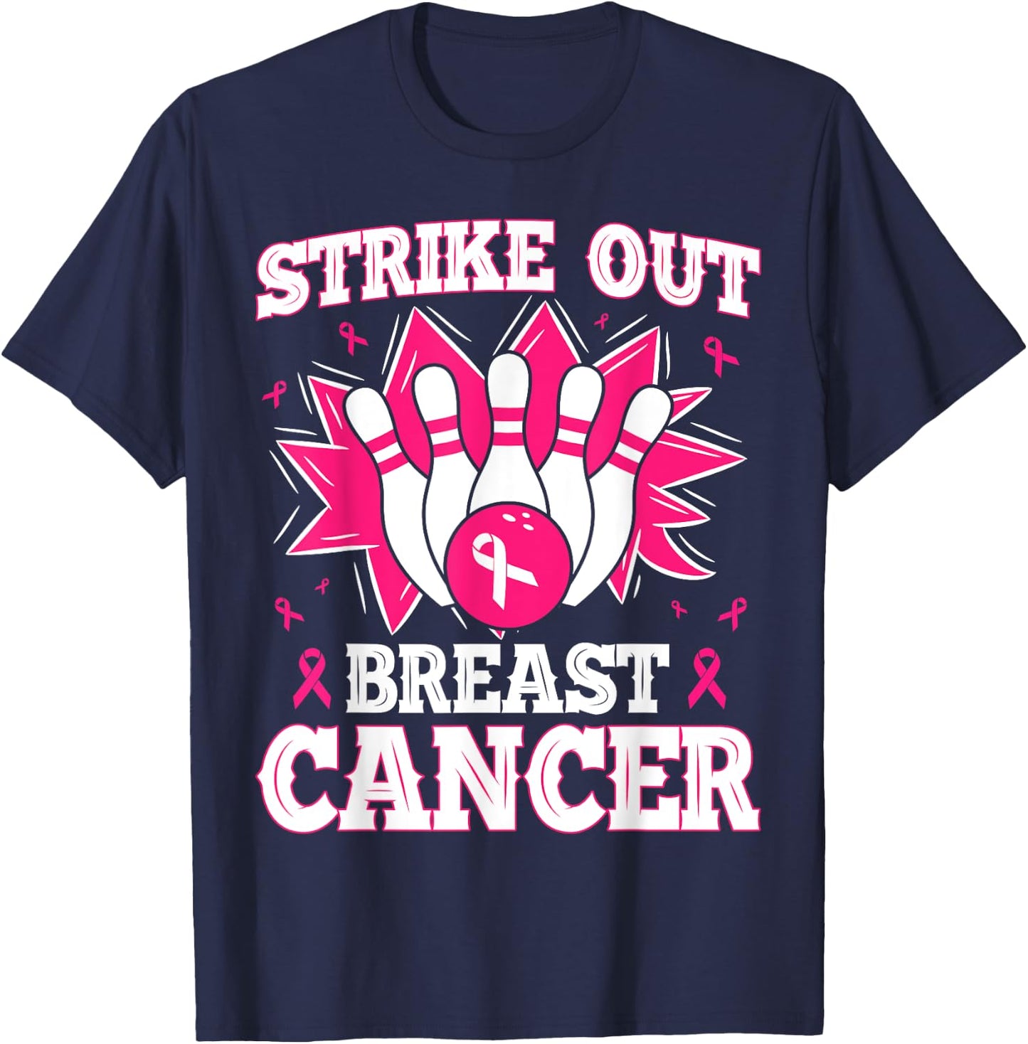 Strike Out Bowling Pink Ribbon Breast Cancer Awareness T-Shirt - T-Shirt | Navy
