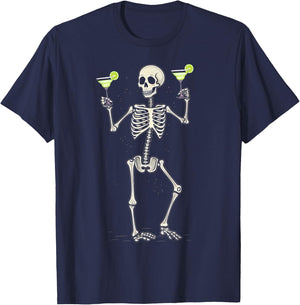 Funny Halloween Skeleton Drinking Margarita Cocktail T-Shirt - T-Shirt | Navy