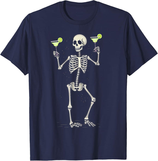 Funny Halloween Skeleton Drinking Margarita Cocktail T-Shirt - T-Shirt | Navy