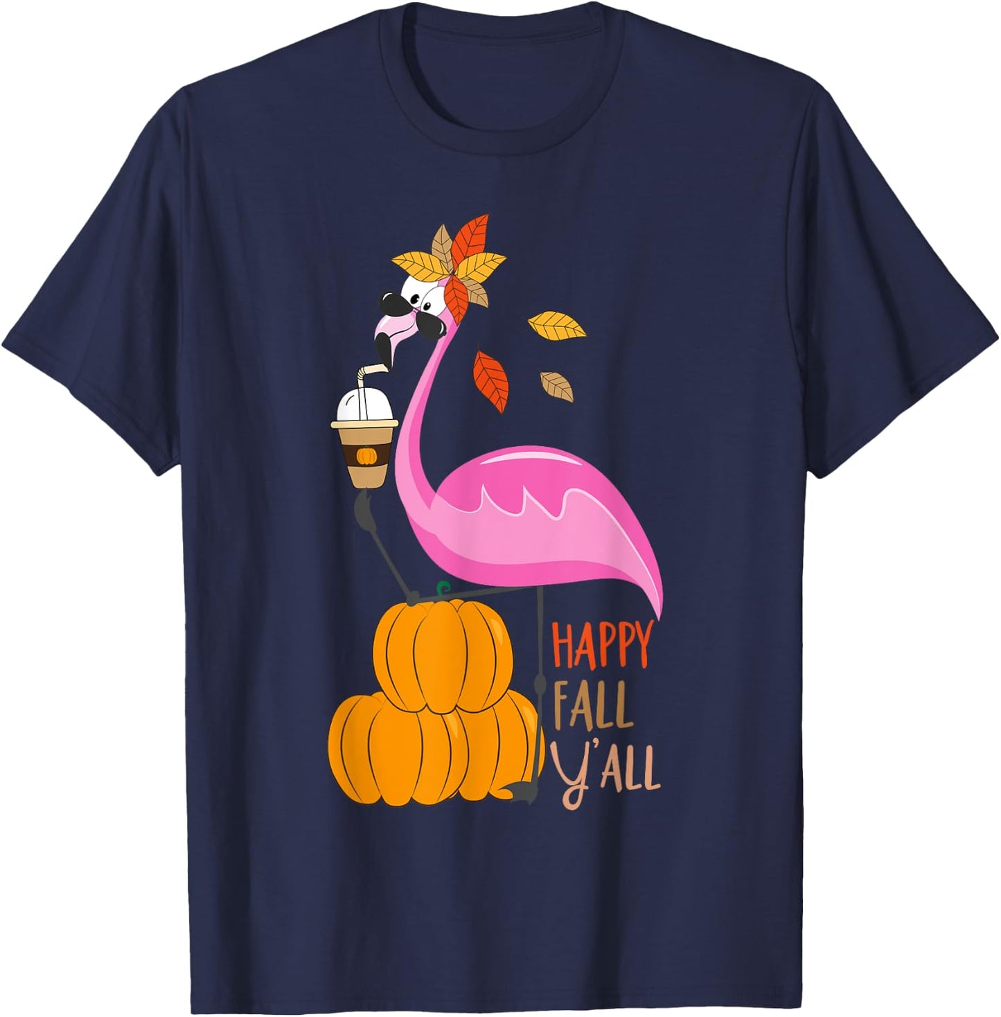 Happy Fall Y'all Pumpkin Flamingo Autumn Graphic T-Shirt - T-Shirt | Navy
