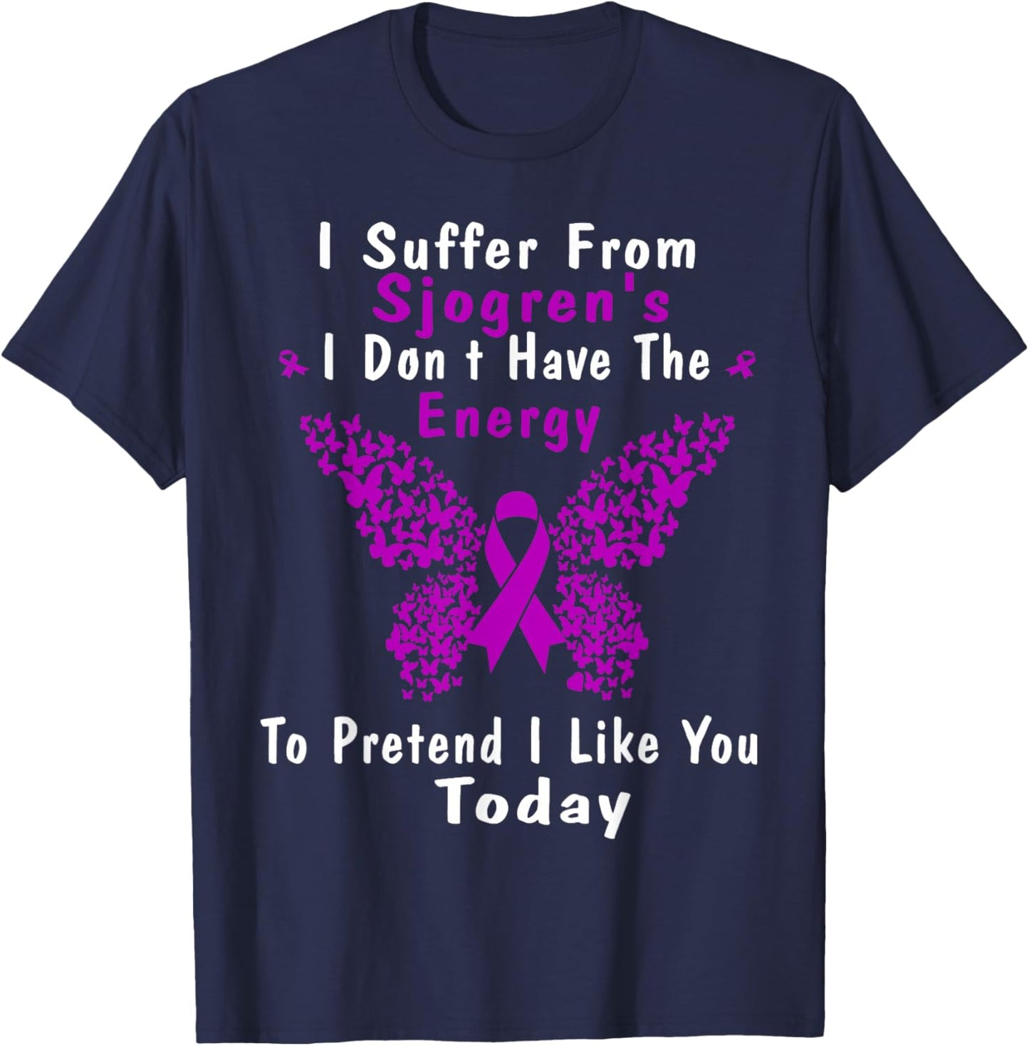 Sjogrens Syndrome Awareness Butterfly Purple Ribbon Disease T-Shirt - T-Shirt | Navy