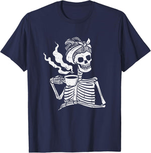 Skeleton Woman Mom Bun Coffee Funny Halloween Costume Women T-Shirt - T-Shirt | Navy