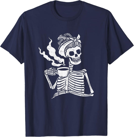 Skeleton Woman Mom Bun Coffee Funny Halloween Costume Women T-Shirt - T-Shirt | Navy