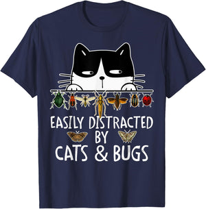 Funny Entomologist Saying Easily Distracted By Cats And Bugs T-Shirt - T-Shirt | Navy