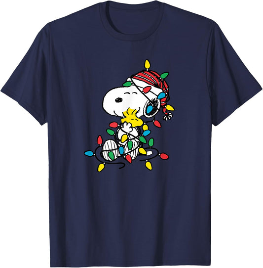 Peanuts - Snoopy Woodstock Christmas Lights T-Shirt - T-Shirt | Navy