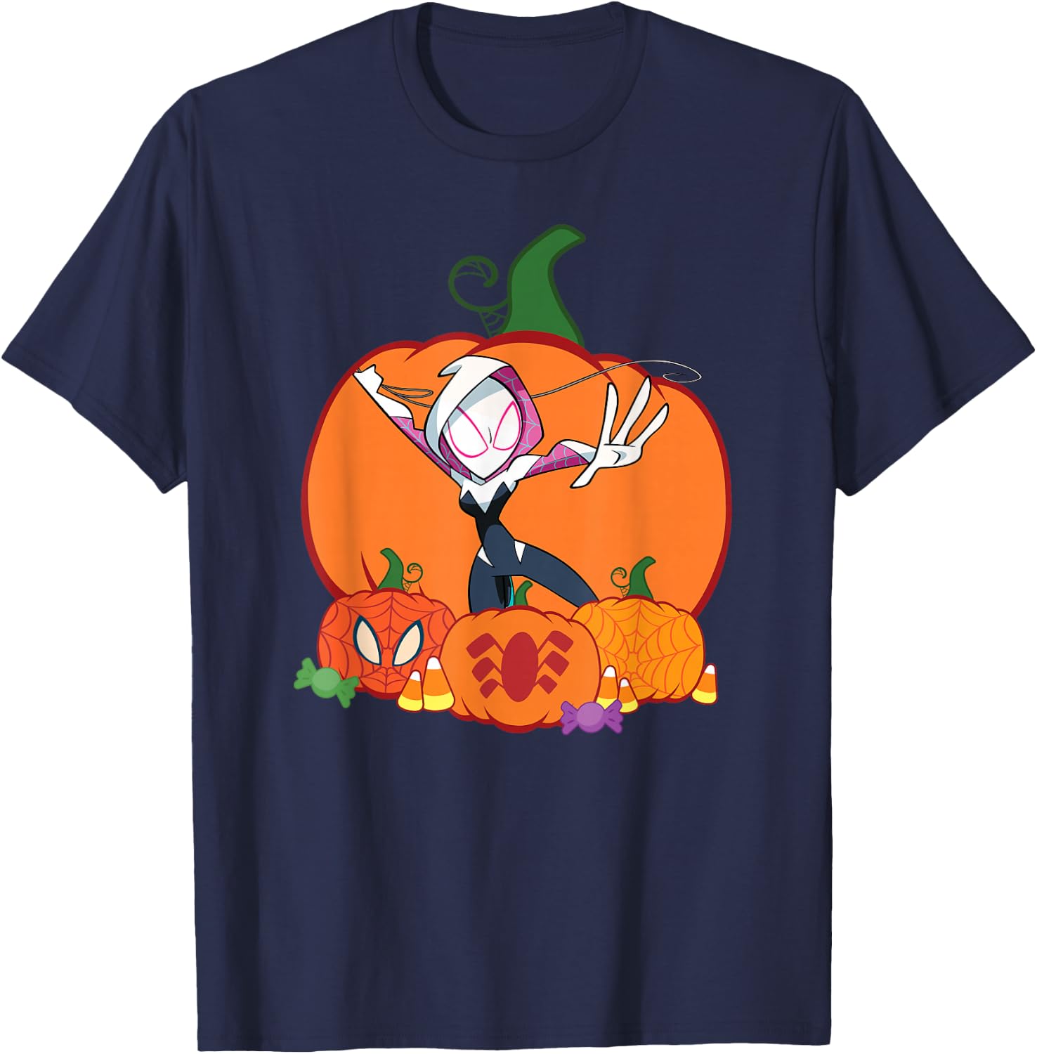 Marvel Spider-Gwen Ghost Spider Halloween with Pumpkins T-Shirt - T-Shirt | Navy