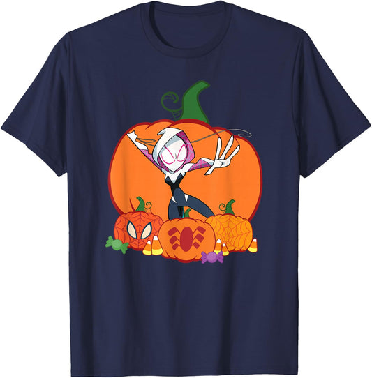 Marvel Spider-Gwen Ghost Spider Halloween with Pumpkins T-Shirt - T-Shirt | Navy