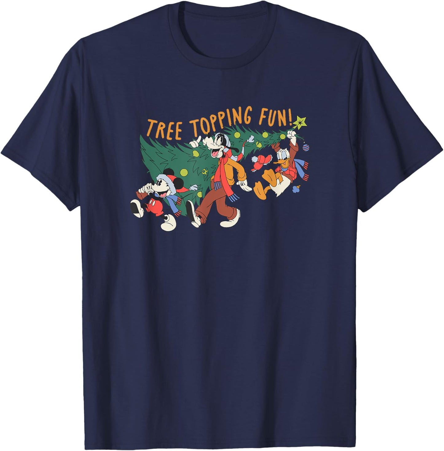 Amazon Essentials Men's Mickey Mouse Goofy and Donald Christmas Tree Topping Fun , Black Graphic Print, Small T-Shirt - T-Shirt | Navy