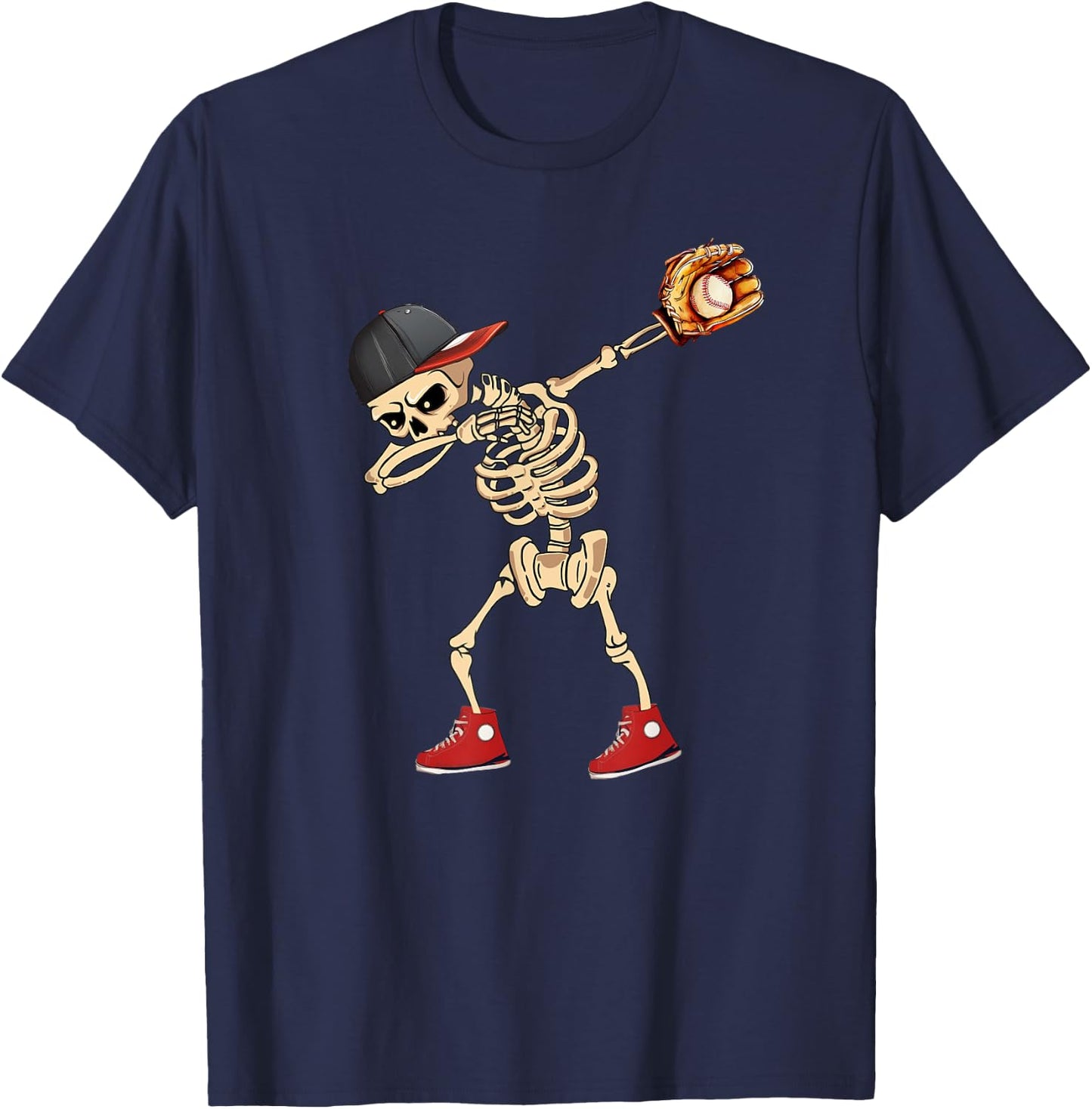 Baseball Player Catcher Pitcher with Mitt Dabbing Skeleton T-Shirt - T-Shirt | Navy