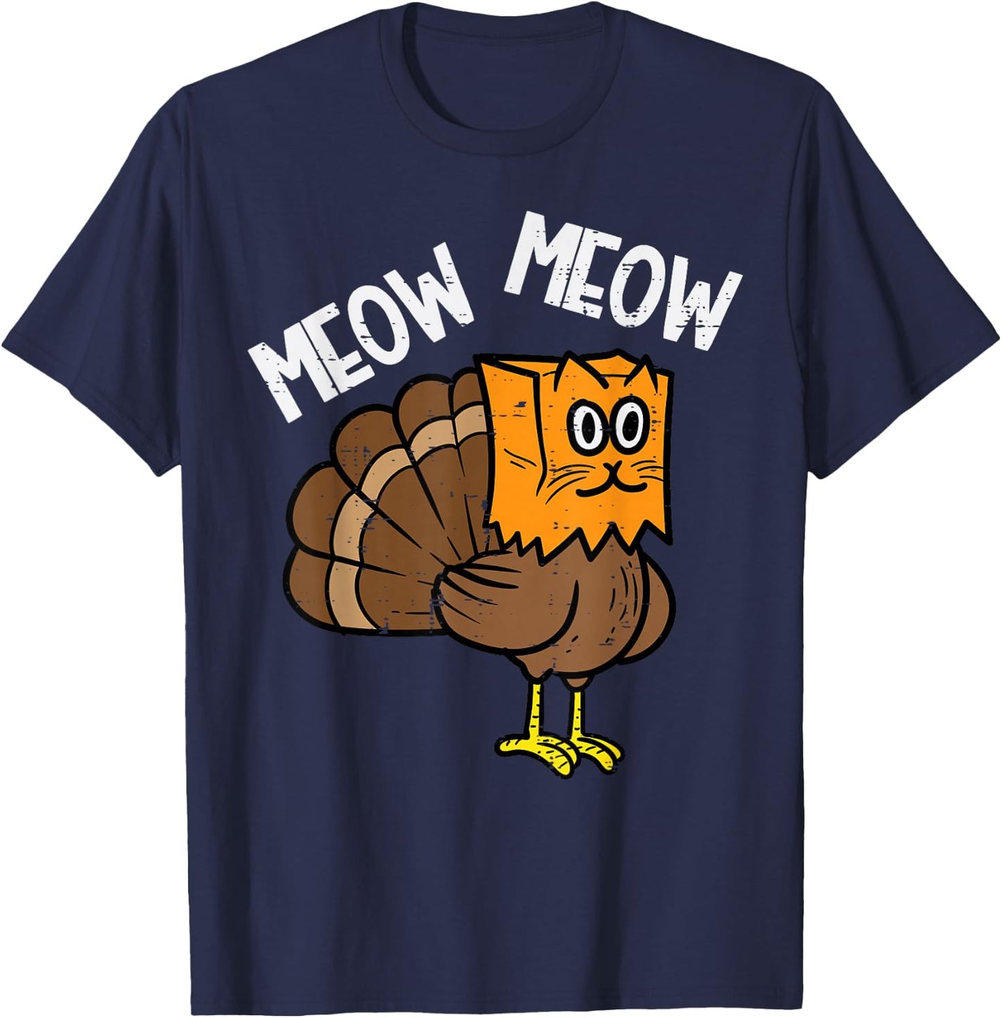 Turkey Paper Bag Meow Funny Thanksgiving Cat Men Women Kids T-Shirt - T-Shirt | Navy