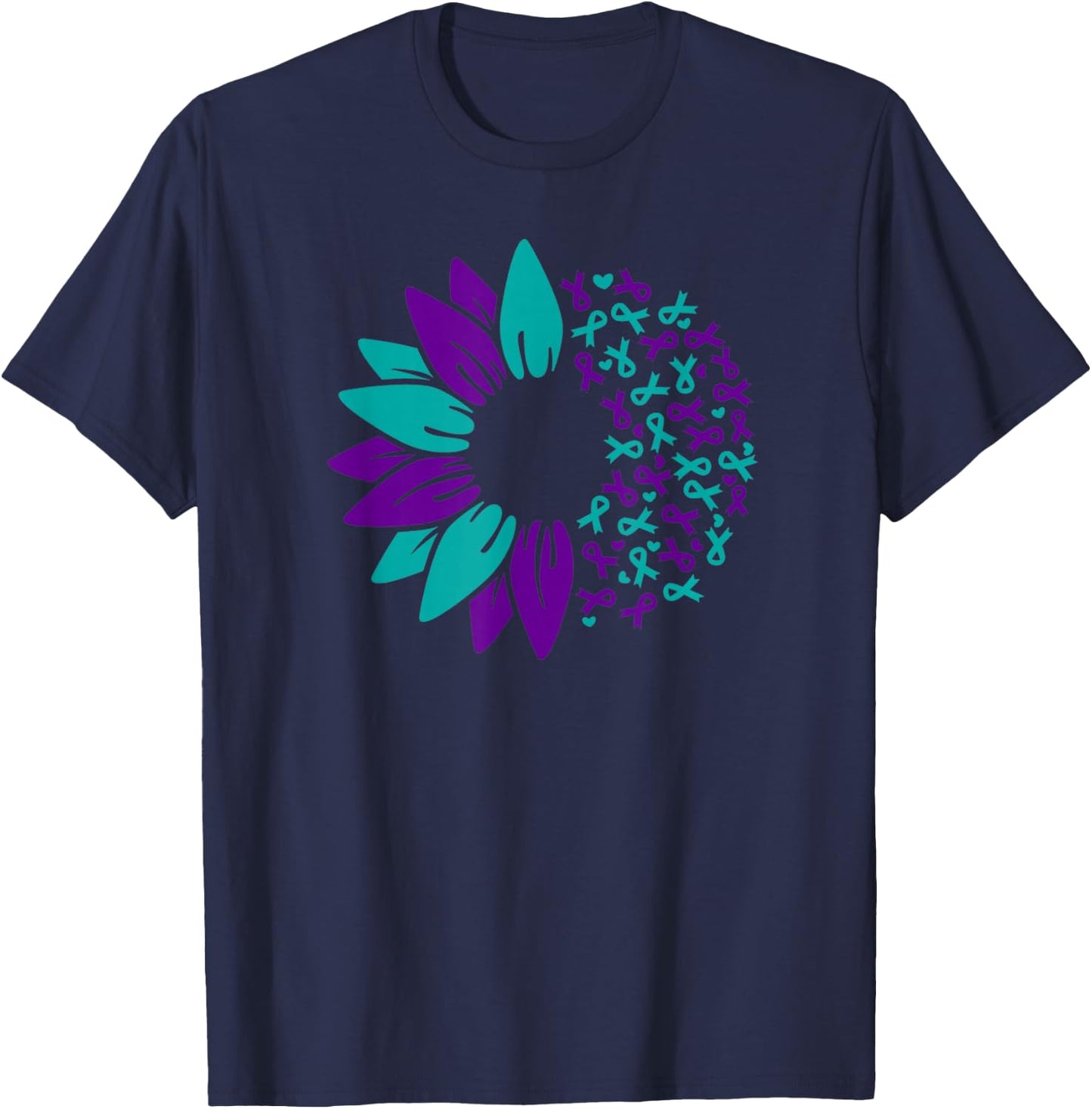 Sunflower Suicide Awareness Prevention Purple Teal Ribbon T-Shirt - T-Shirt | Navy