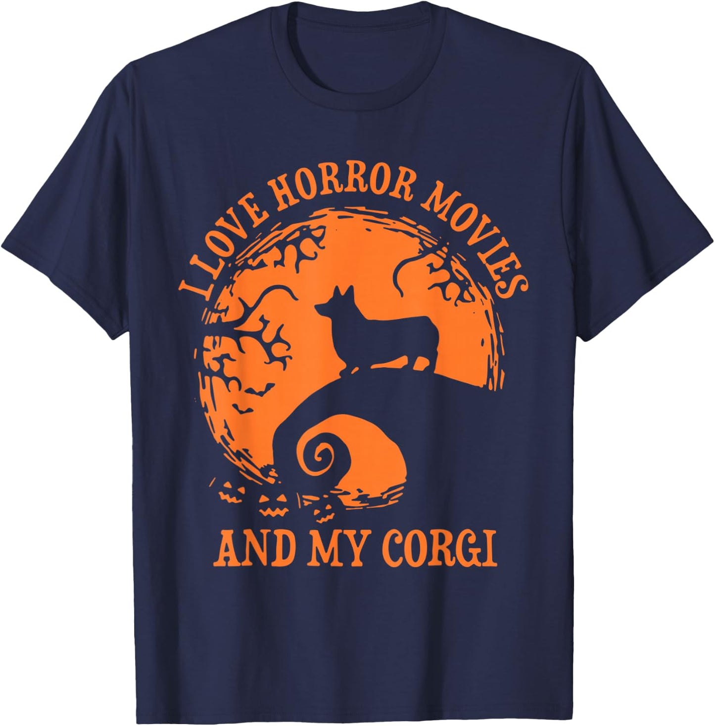 I Love Horror Movie And My Corgi, Funny Halloween Corgi T-Shirt - T-Shirt | Navy