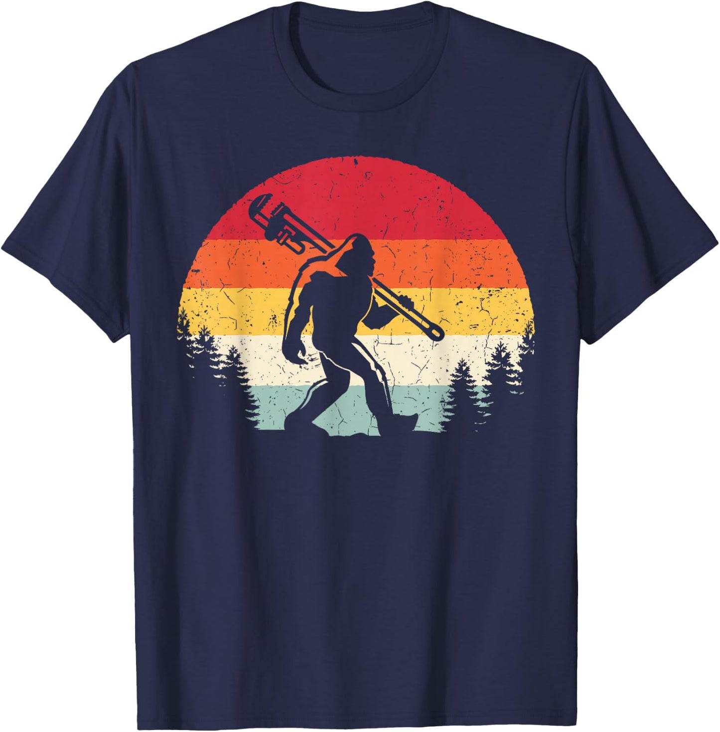 Vintage Bigfoot Plumber Pipe Wrench Funny Sasquatch Plumbing T-Shirt - T-Shirt | Navy