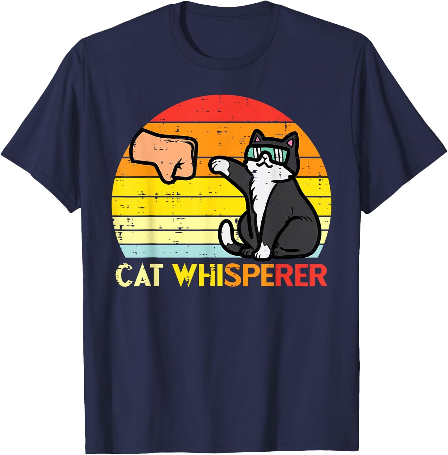 Cat Whisperer Man Paw Fist Bump Sunset Retro Men Women Kids T-Shirt - T-Shirt | Navy