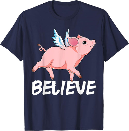 Flying Pig Believe Pigs Fly Believe Idiom Motivational T-Shirt - T-Shirt | Navy