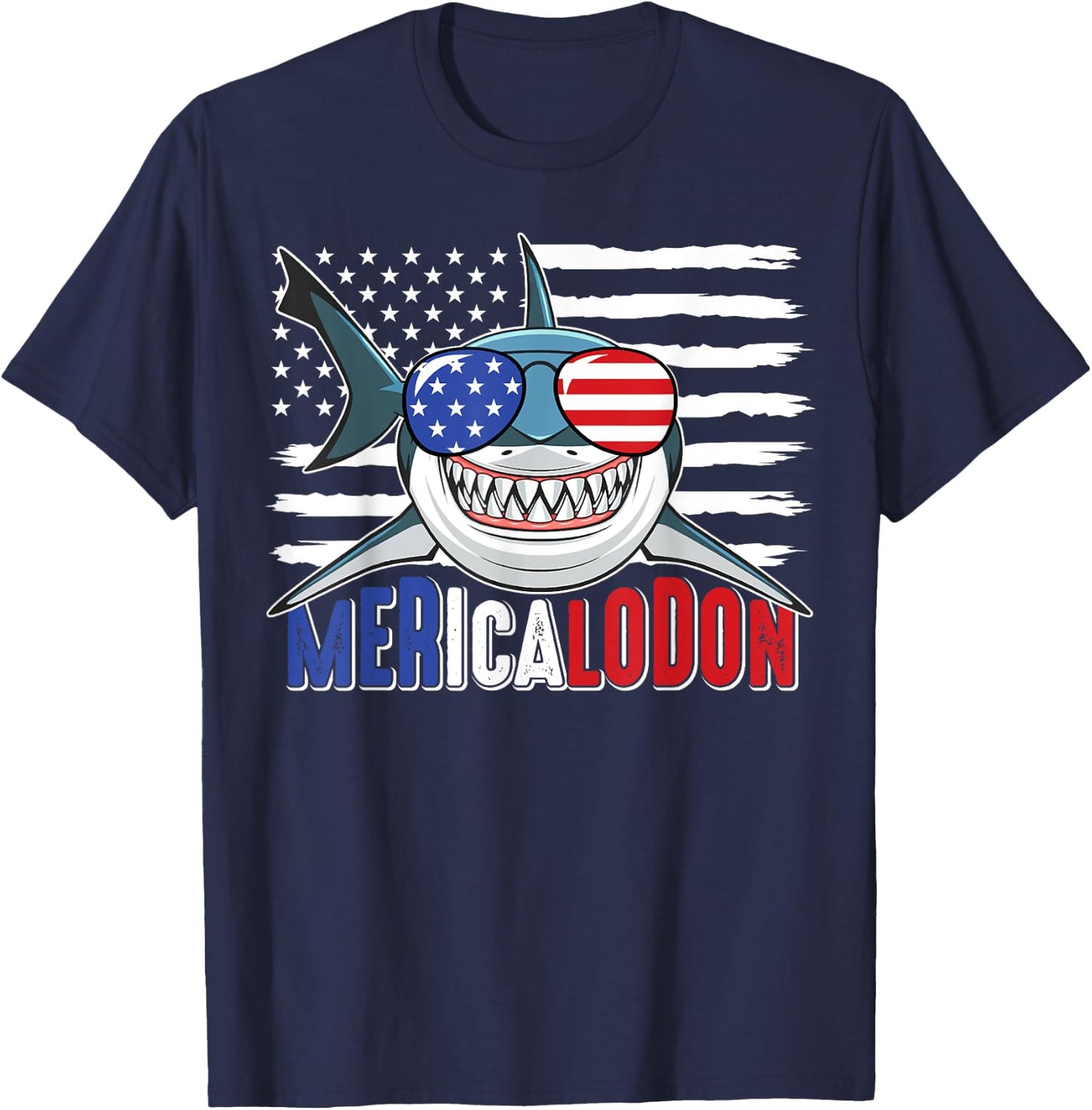 Merica Shark Funny 4th of July Megalodon American Flag T-Shirt - T-Shirt | Navy