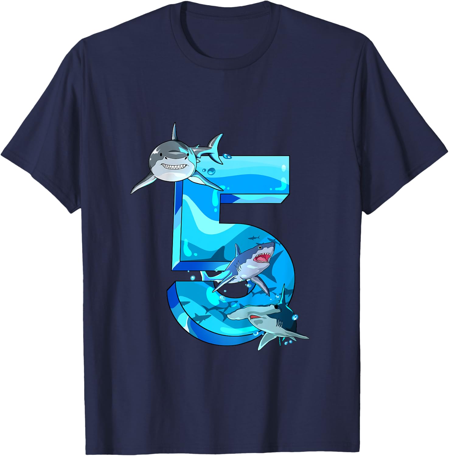 Kids Shark Boy 5 Years Birthday Child Children's Birthday T-Shirt - T-Shirt | Navy