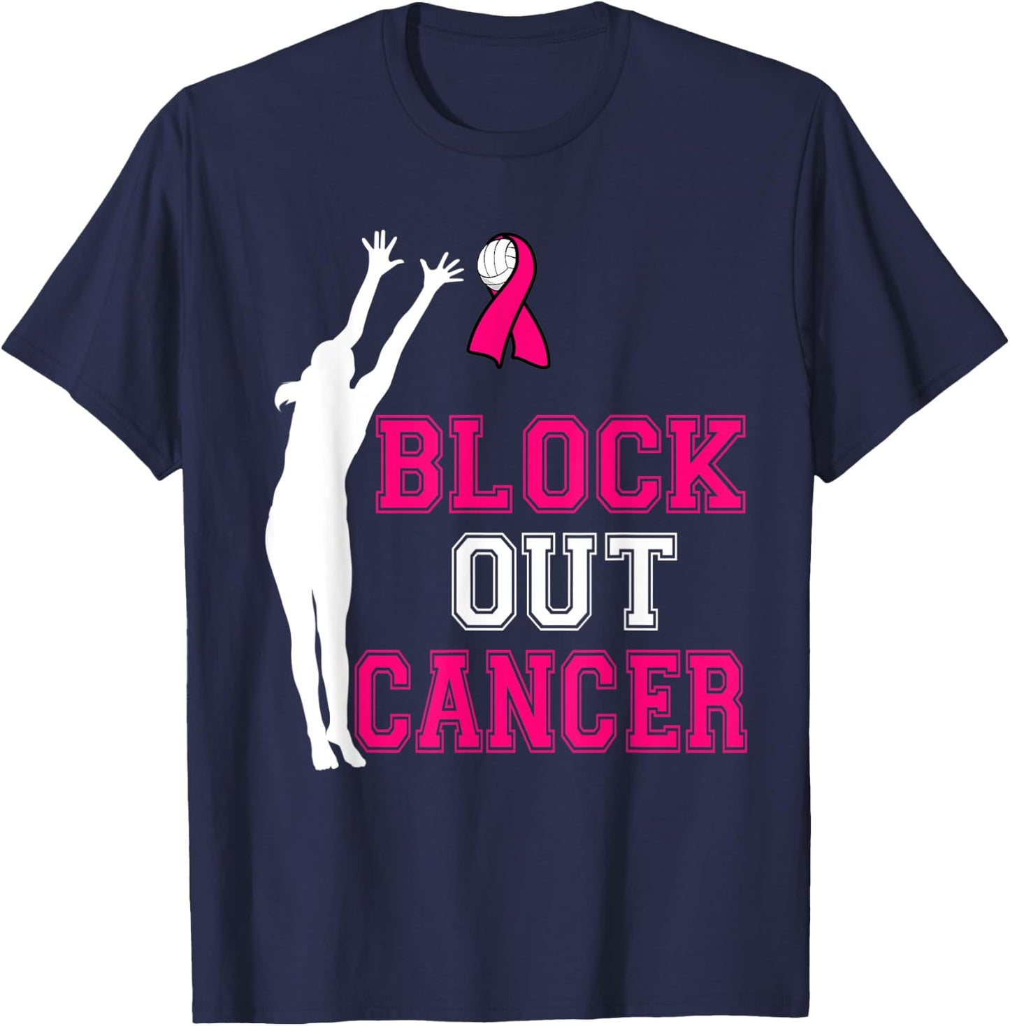 Volleyball Breast Cancer Awareness Block Out Cancer T-Shirt - T-Shirt | Navy