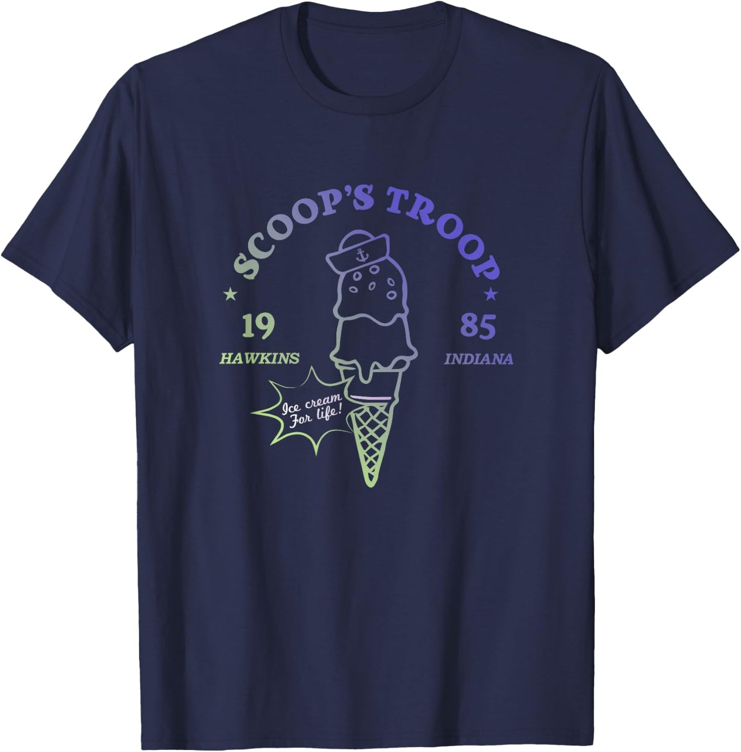 Stranger Things Vintage Gradient Scoop's Troop 1985 Badge T-Shirt - T-Shirt | Navy