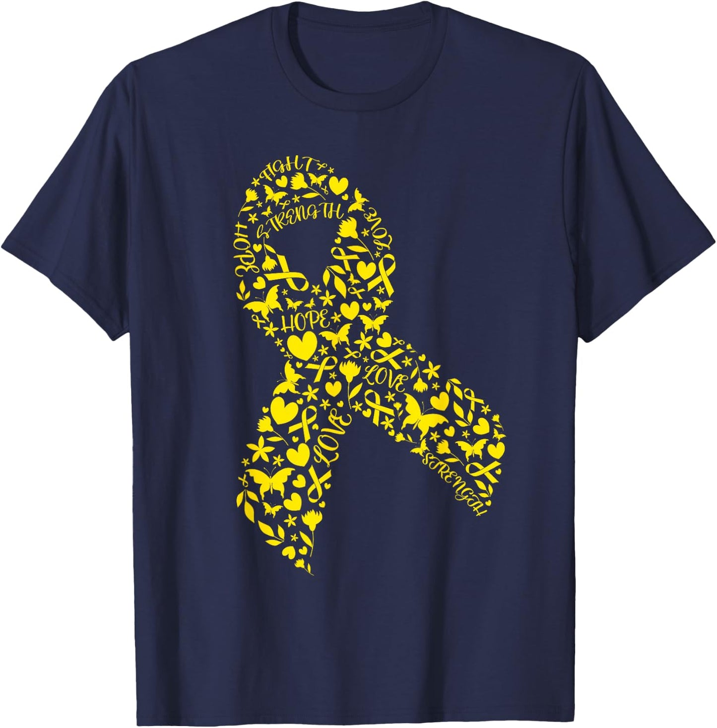 Word Art Yellow Ribbon Sarcoma Cancer Awareness Day Fighter T-Shirt - T-Shirt | Navy