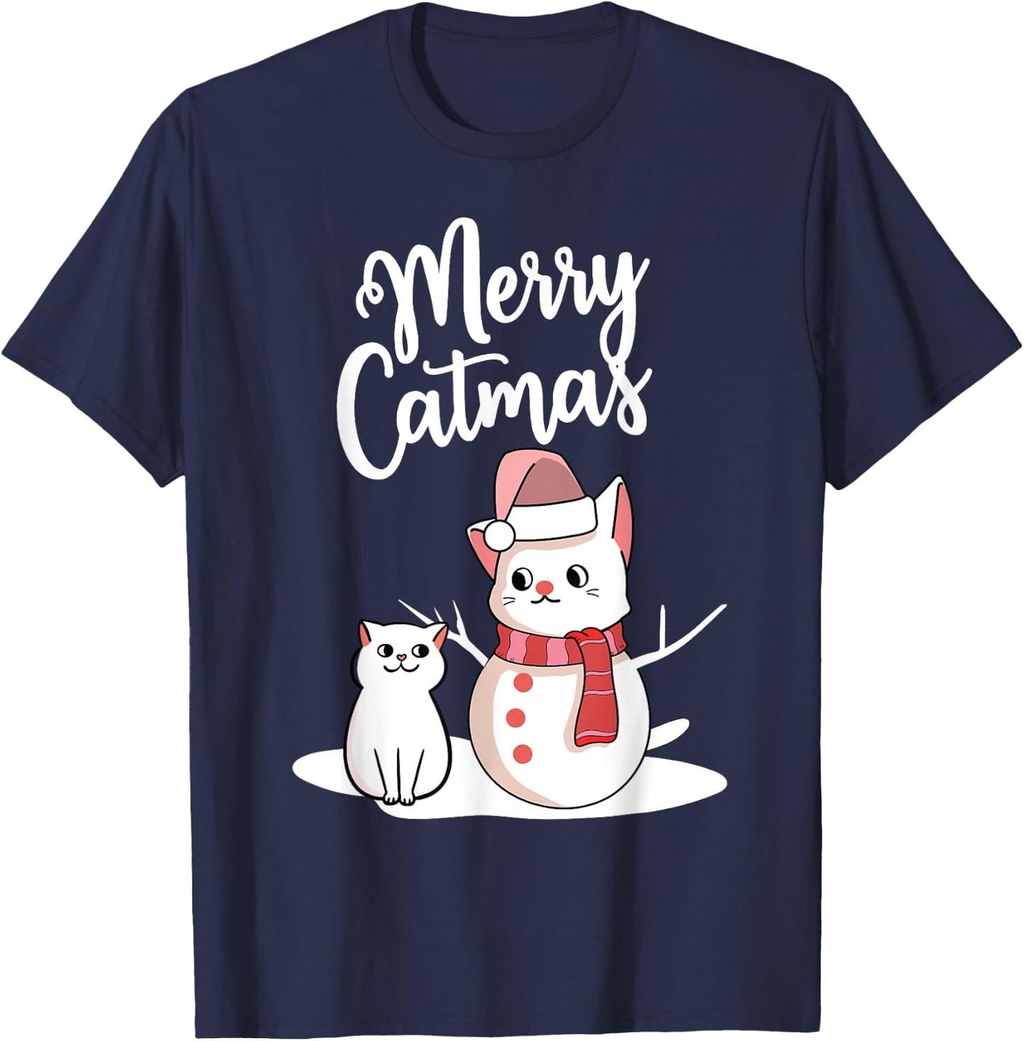 Funny Christmas Merry Catmas cat snowcat snowman graphic cat T-Shirt - T-Shirt | Navy