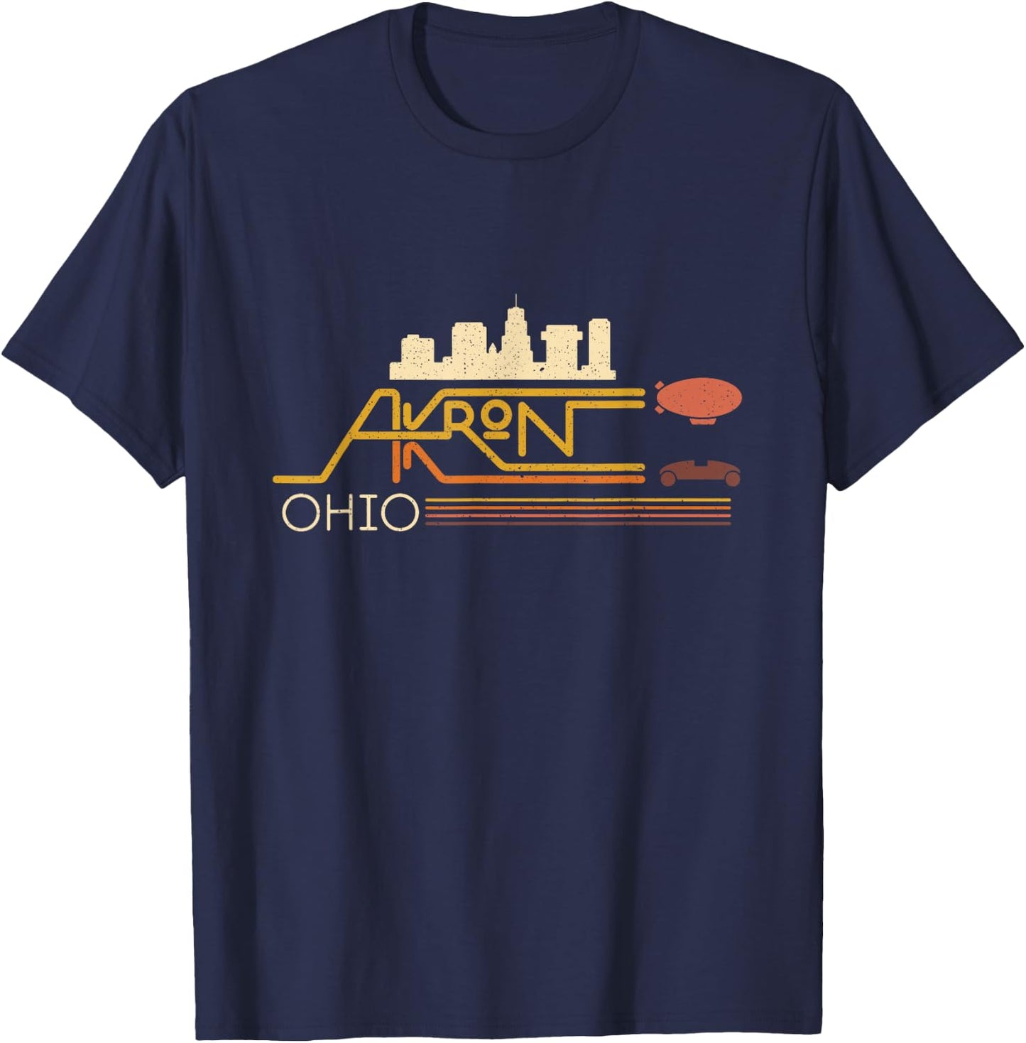 Vintage Akron Ohio Skyline With Akron Blimp On Retro Stripes T-Shirt - T-Shirt | Navy