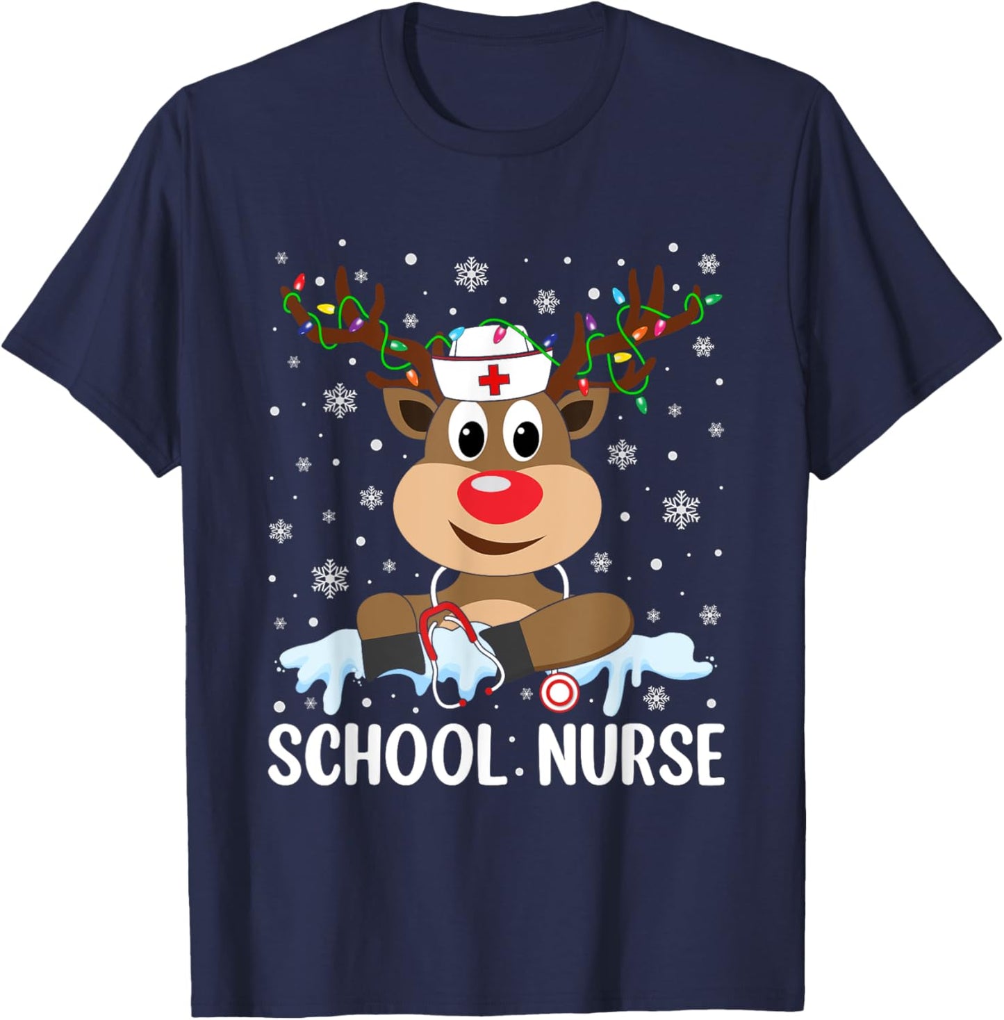 Love Nurse Life Reindeer Xmas School Nurse Christmas Pajama T-Shirt - T-Shirt | Navy