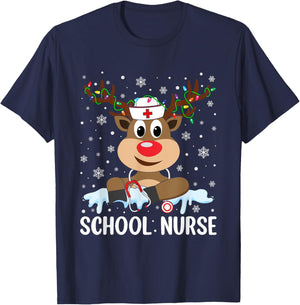 Love Nurse Life Reindeer Xmas School Nurse Christmas Pajama T-Shirt - T-Shirt | Navy