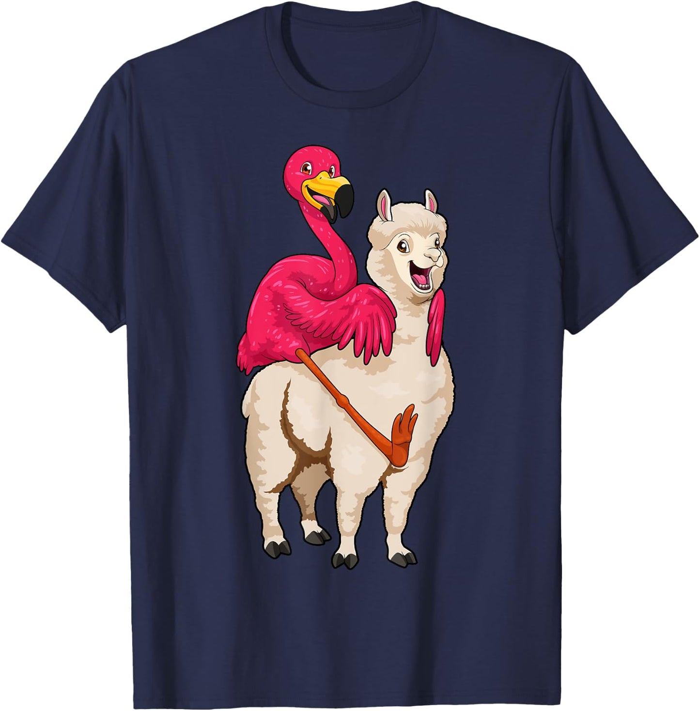 Flamingo Riding Llama Funny Flock Bird Llama Farmer Pun T-Shirt - T-Shirt | Navy