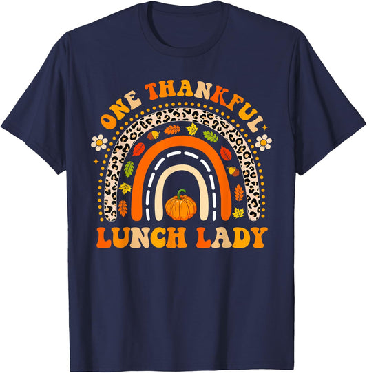 Groovy One Thankful Lunch lady Thanksgiving Rainbow Leopard T-Shirt - T-Shirt | Navy