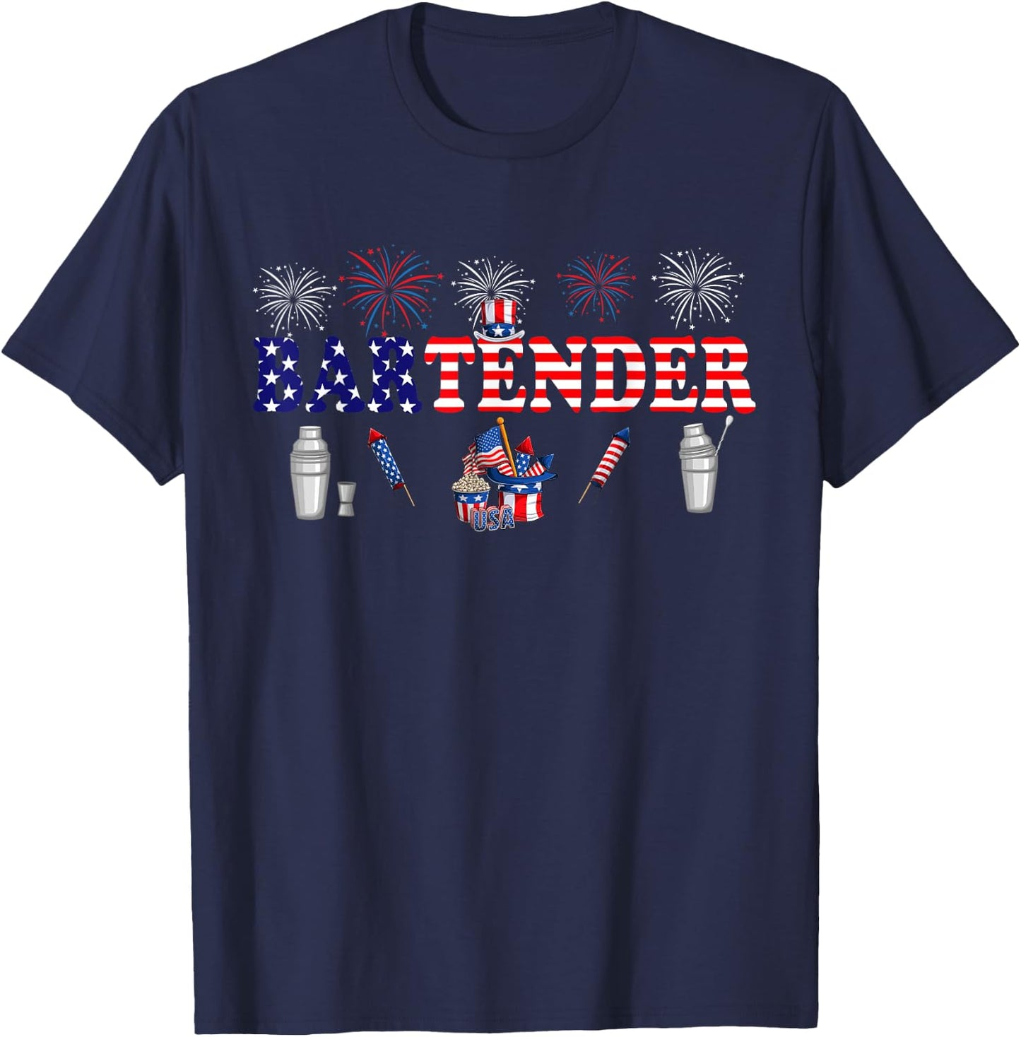 Bartender Costume Proud 4th Of July American Flag Fireworks T-Shirt - T-Shirt | Navy
