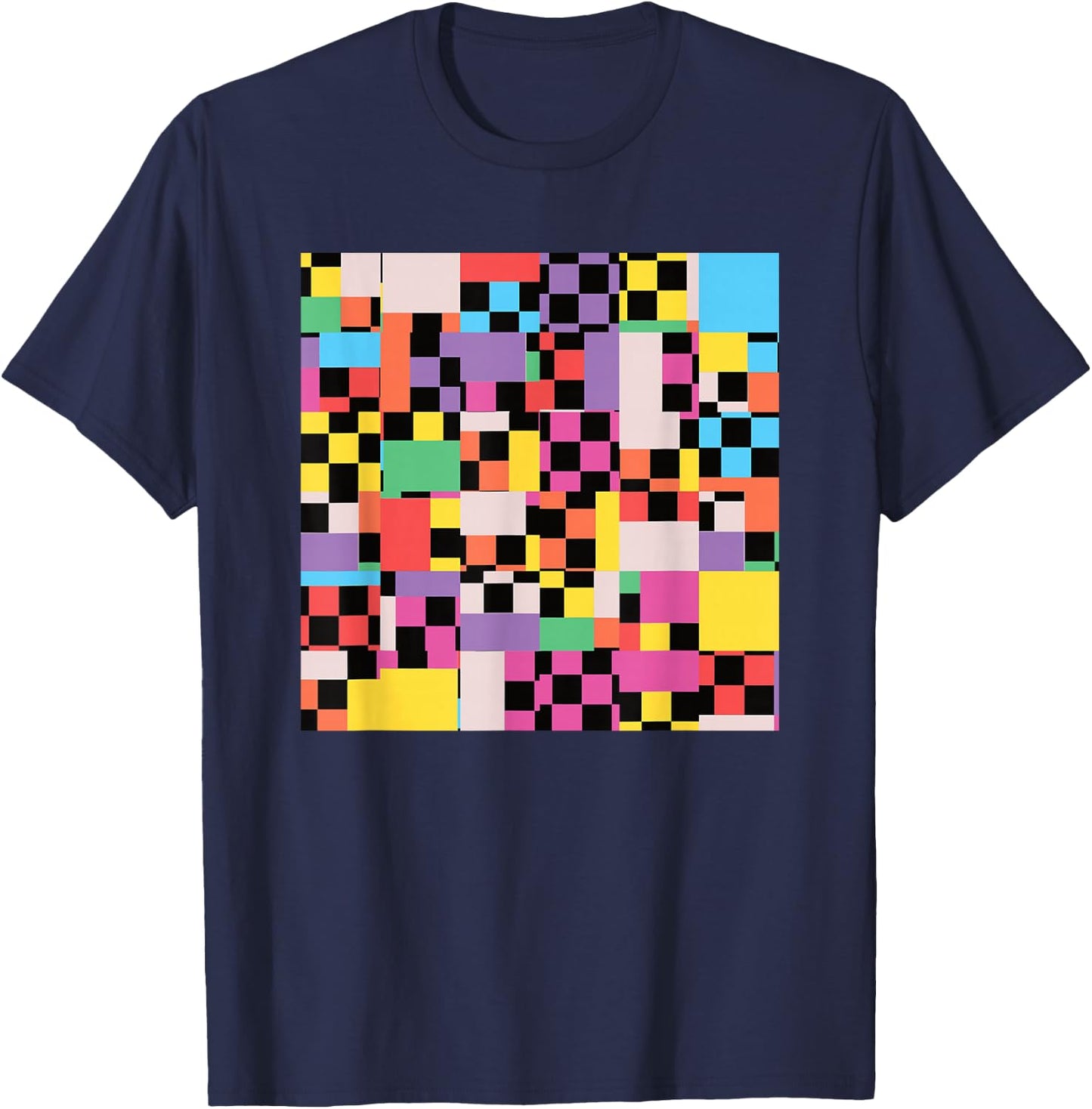 Retro Colorful Checkered Pattern Checkerboard Men Women T-Shirt - T-Shirt | Navy