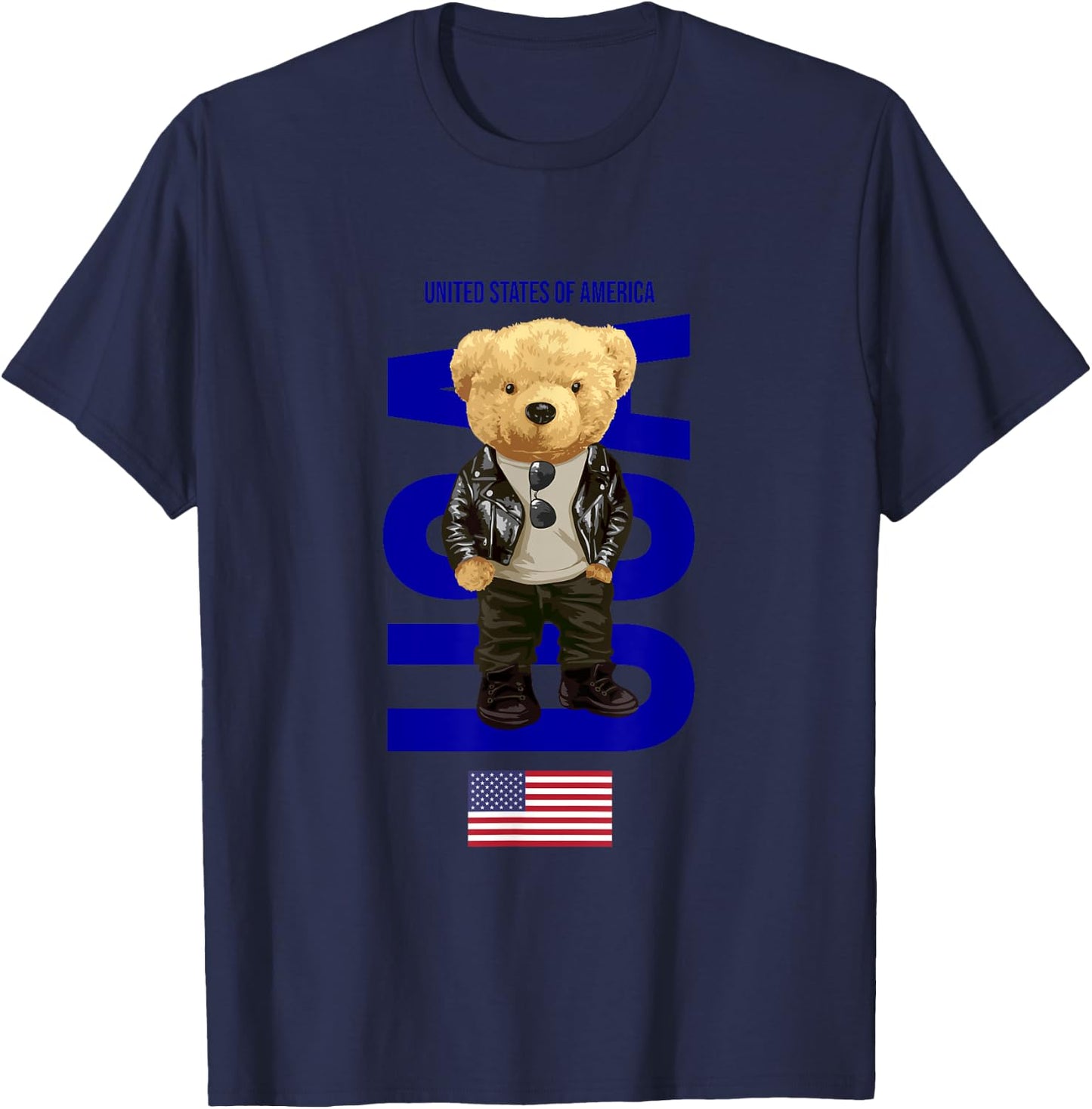 Cool Teddy Bear in USA American Style Illustration Graphic T-Shirt - T-Shirt | Navy