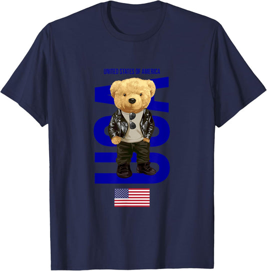 Cool Teddy Bear in USA American Style Illustration Graphic T-Shirt - T-Shirt | Navy
