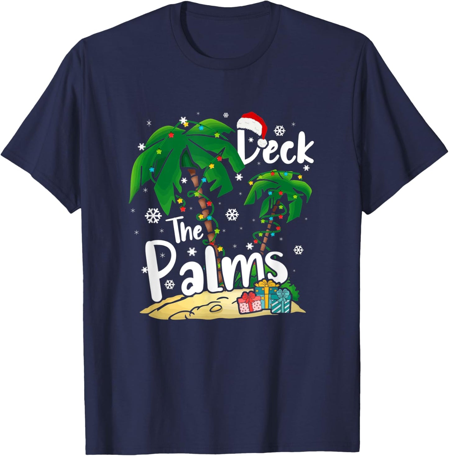 Deck The Palms Tropical Hawaii Christmas Palm Tree Lights T-Shirt - T-Shirt | Navy