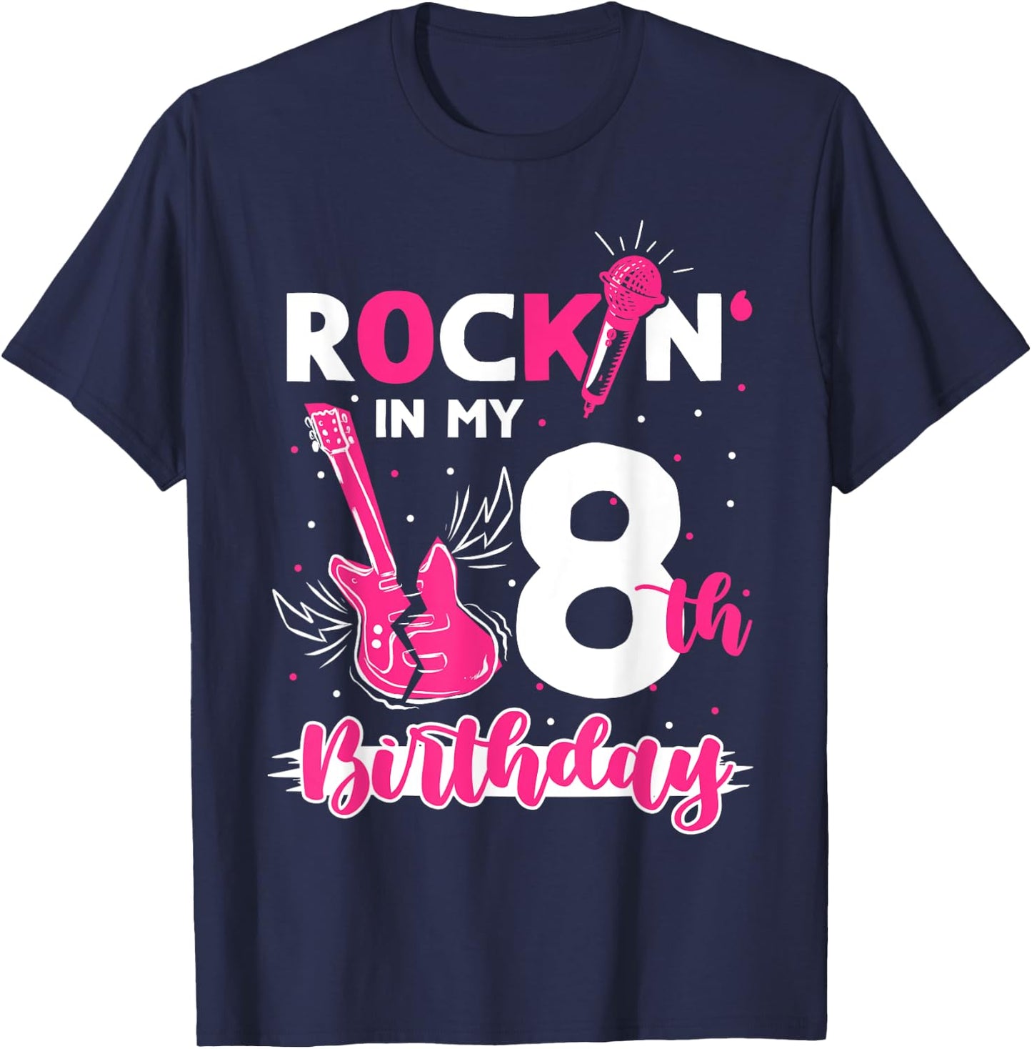 Girls Rockstar Birthday Rock Star Themed Guitar 8th Birthday T-Shirt - T-Shirt | Navy