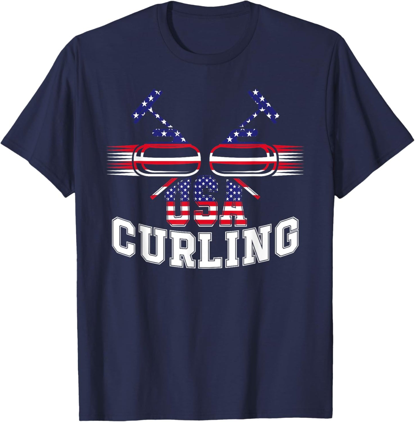 American Flag USA Team Curling Rock Winter Sports Lovers T-Shirt - T-Shirt | Navy
