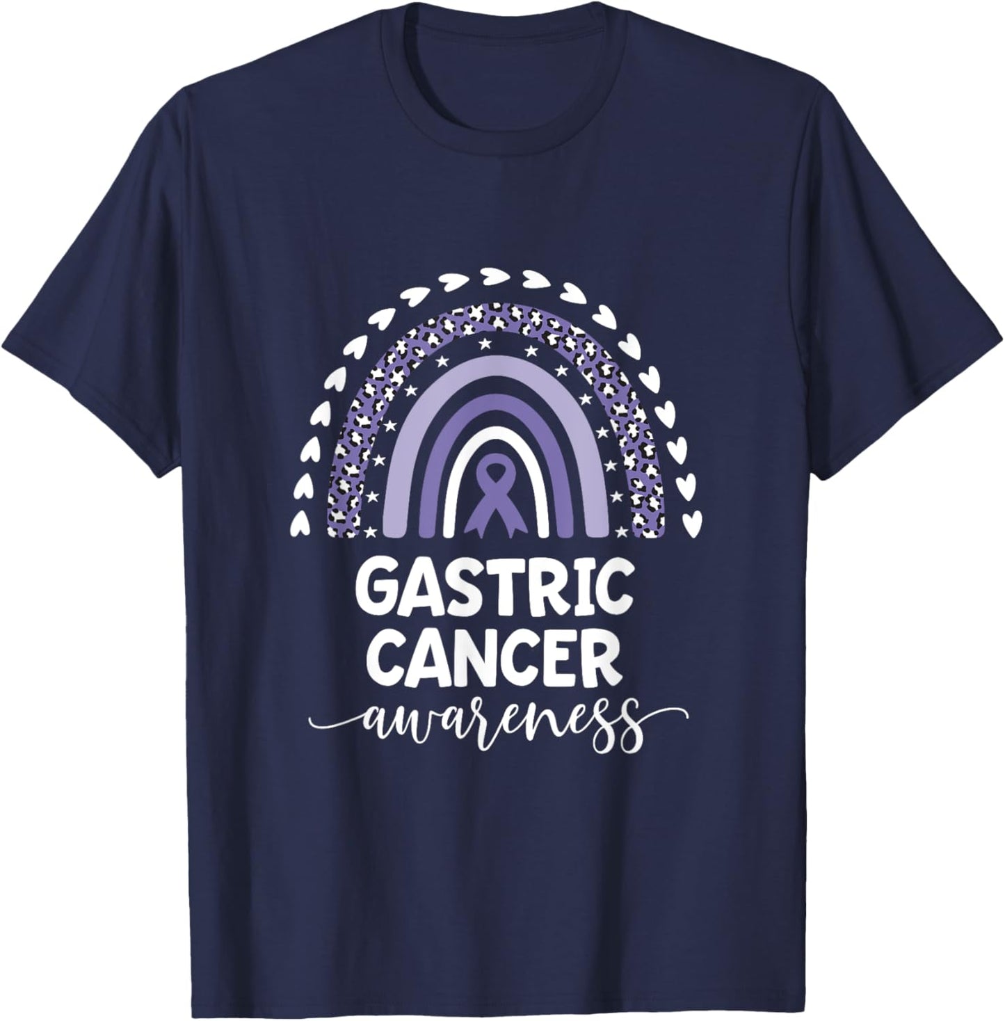 Purple Rainbow Ribbon Love Support Gastric Cancer Awareness T-Shirt - T-Shirt | Navy