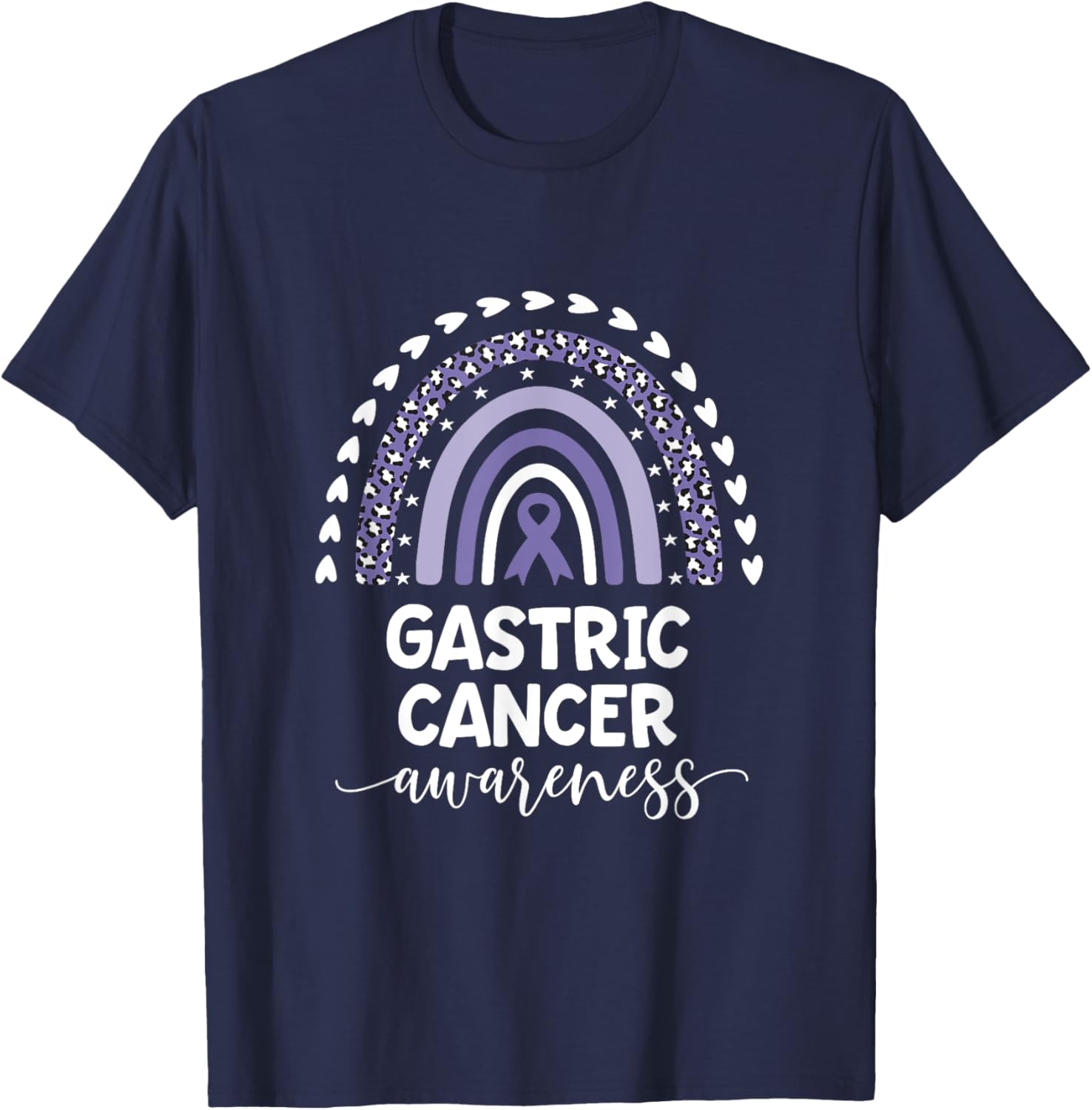 Purple Rainbow Ribbon Love Support Gastric Cancer Awareness T-Shirt - T-Shirt | Navy