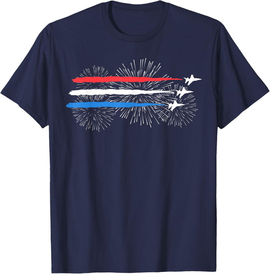 Red White and Blue Fighter Jets with Fireworks 4th of July T-Shirt - T-Shirt | Navy