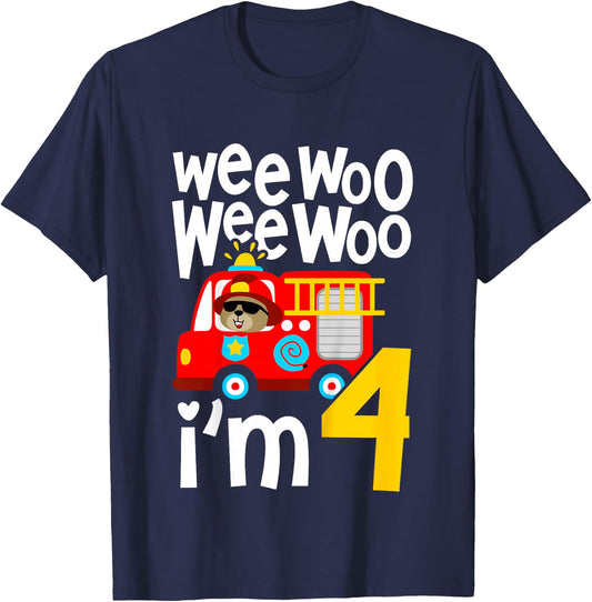 Kids Boys Birthday Wee Woo Wee Woo I'm 4 Red Fire Truck T-Shirt - T-Shirt | Navy