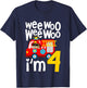 Kids Boys Birthday Wee Woo Wee Woo I'm 4 Red Fire Truck T-Shirt - T-Shirt | Navy
