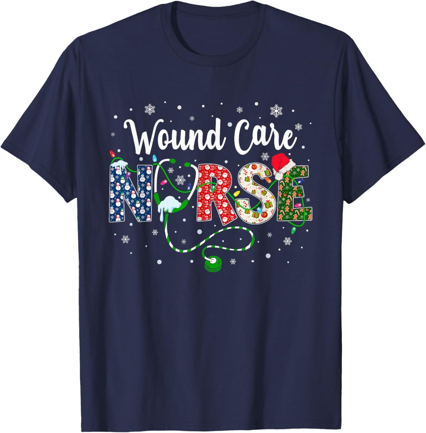 Wound Care Nurse Xmas Santa Hat Nurse Christmas Pattern T-Shirt - T-Shirt | Navy